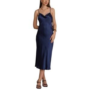 Tahari Dainty Navy Blue Satin Slip Midi Minimalist Dress Cowl Neck Size Large